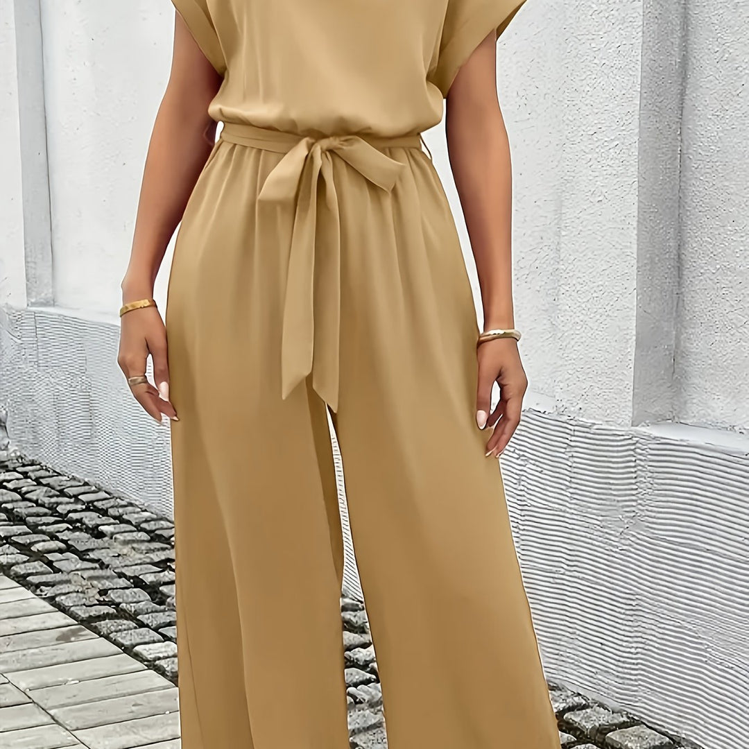 2025 Nieuwe Zomerse Elegante Damesmode Effen Kleur Lichte Stretch Ronde Hals Korte Mouw Shorts Mid-Rise Elastische Taille Riem Jumpsuit