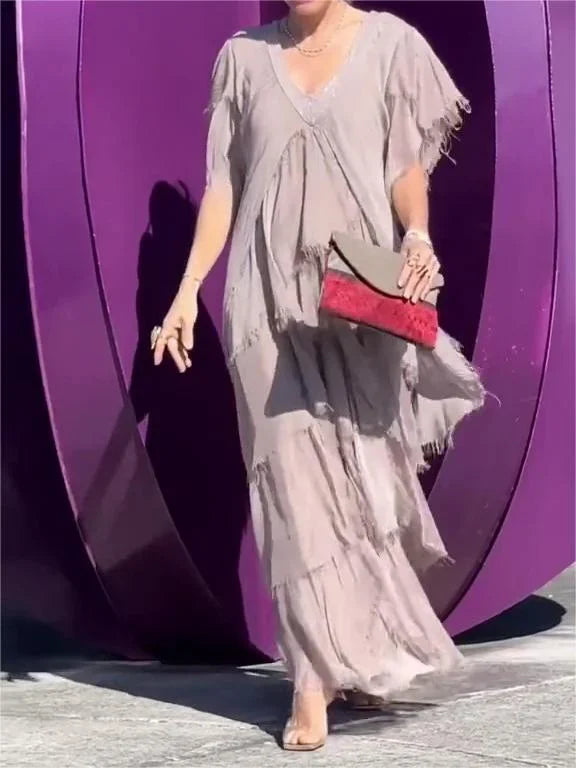 Blaise - Ruffled Short Sleeves V-Neck Maxi Dress