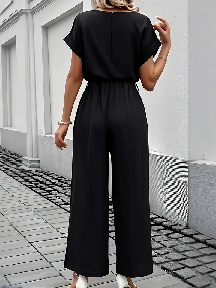 2025 Nieuwe Zomerse Elegante Damesmode Effen Kleur Lichte Stretch Ronde Hals Korte Mouw Shorts Mid-Rise Elastische Taille Riem Jumpsuit
