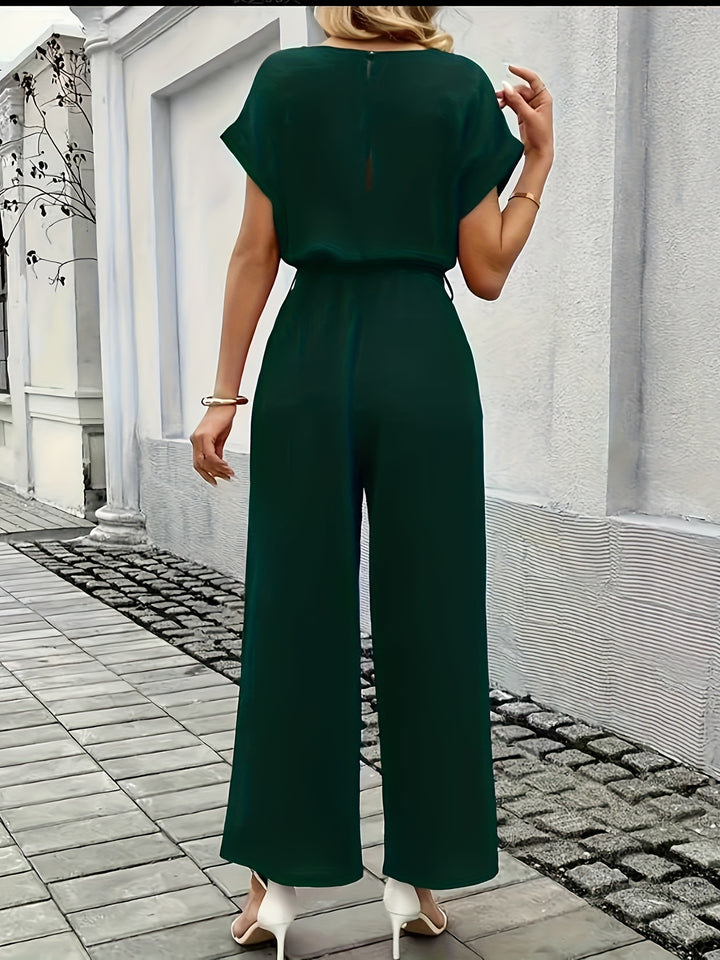 2025 Nieuwe Zomerse Elegante Damesmode Effen Kleur Lichte Stretch Ronde Hals Korte Mouw Shorts Mid-Rise Elastische Taille Riem Jumpsuit