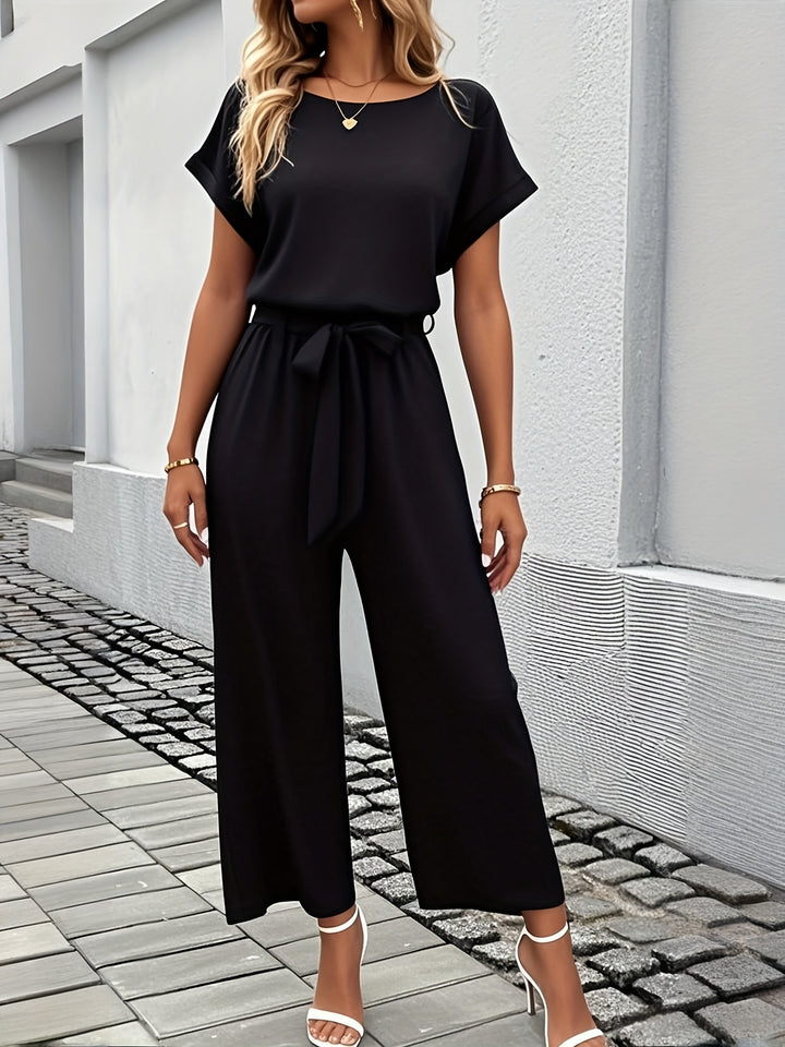 2025 Nieuwe Zomerse Elegante Damesmode Effen Kleur Lichte Stretch Ronde Hals Korte Mouw Shorts Mid-Rise Elastische Taille Riem Jumpsuit