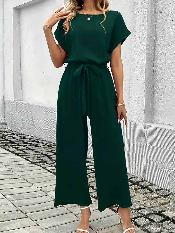 2025 Nieuwe Zomerse Elegante Damesmode Effen Kleur Lichte Stretch Ronde Hals Korte Mouw Shorts Mid-Rise Elastische Taille Riem Jumpsuit