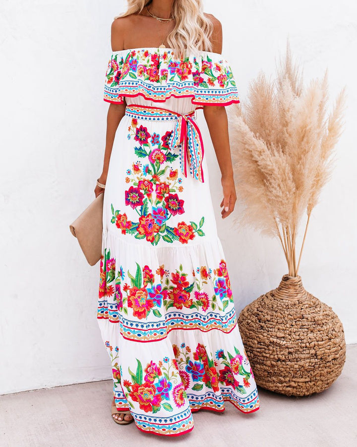 Oceana - Printed Lace-Up Waist Long Dress
