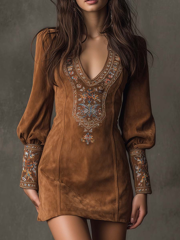 Embroidered Suede Mini Dress in Purple
