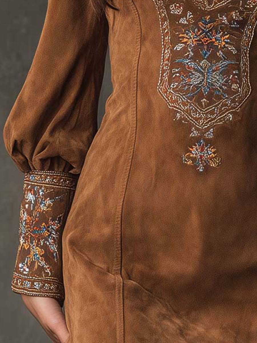 Embroidered Suede Mini Dress in Purple