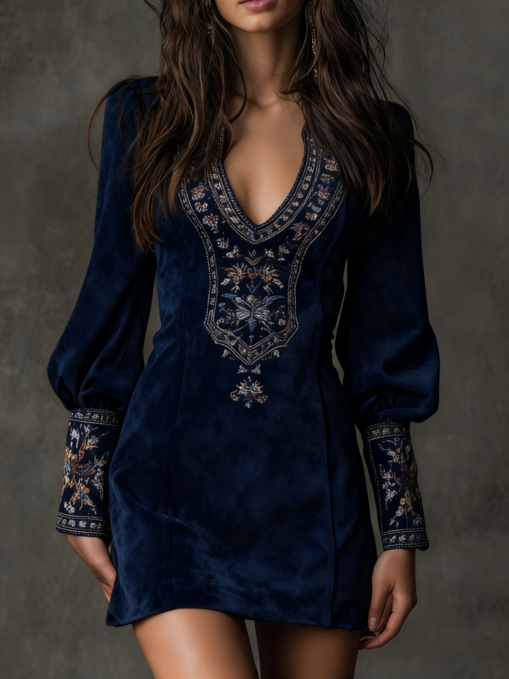 Embroidered Suede Mini Dress in Purple