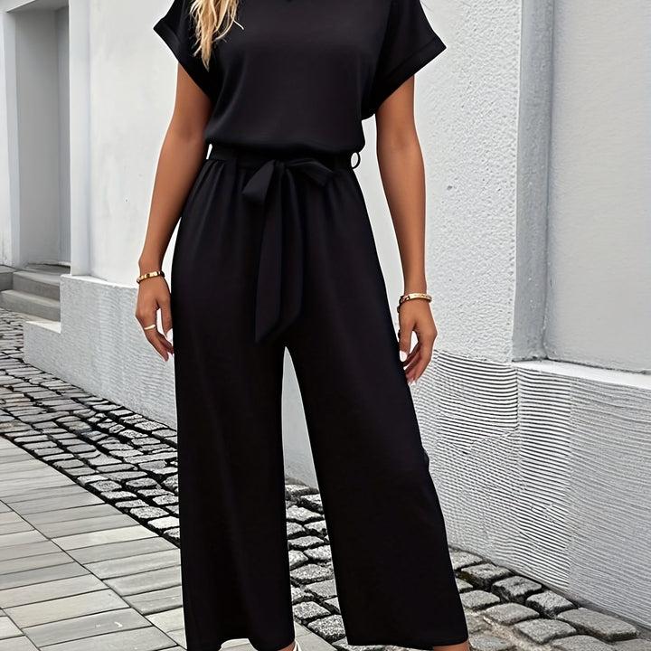 2025 Nieuwe Zomerse Elegante Damesmode Effen Kleur Lichte Stretch Ronde Hals Korte Mouw Shorts Mid-Rise Elastische Taille Riem Jumpsuit