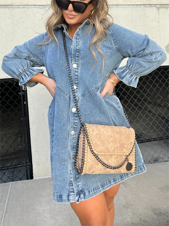 Galilea - Chic Turn-Down Collar Denim Midi Dress