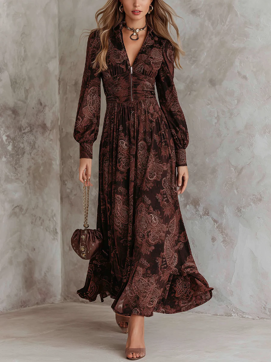 Marlene | Midi Paisley Dress with Zip at the Neck