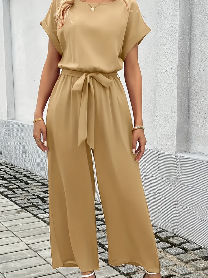 2025 Nieuwe Zomerse Elegante Damesmode Effen Kleur Lichte Stretch Ronde Hals Korte Mouw Shorts Mid-Rise Elastische Taille Riem Jumpsuit